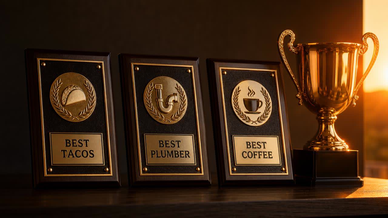 Best of Boca Raton award plaques and trophy for winning businesses