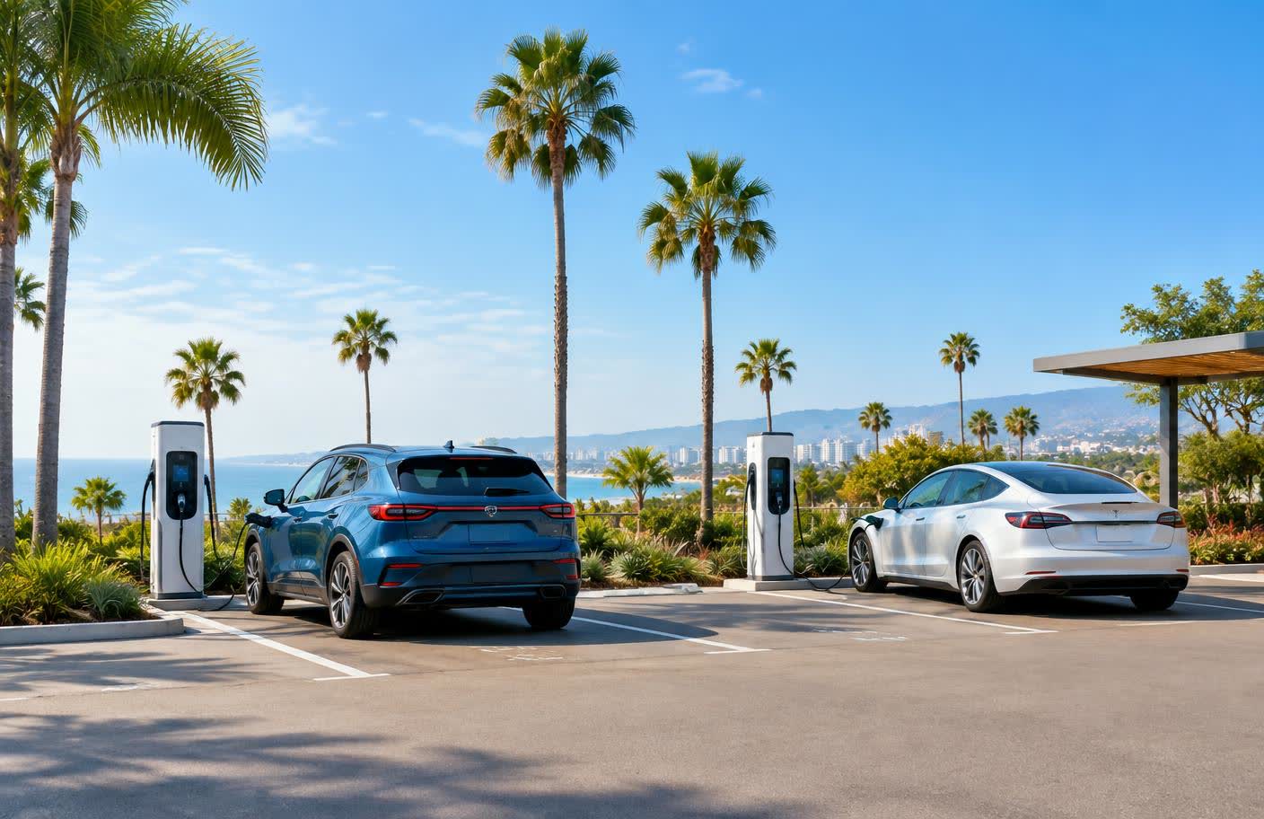 Electric vehicles charging at a sunny South Florida charging station